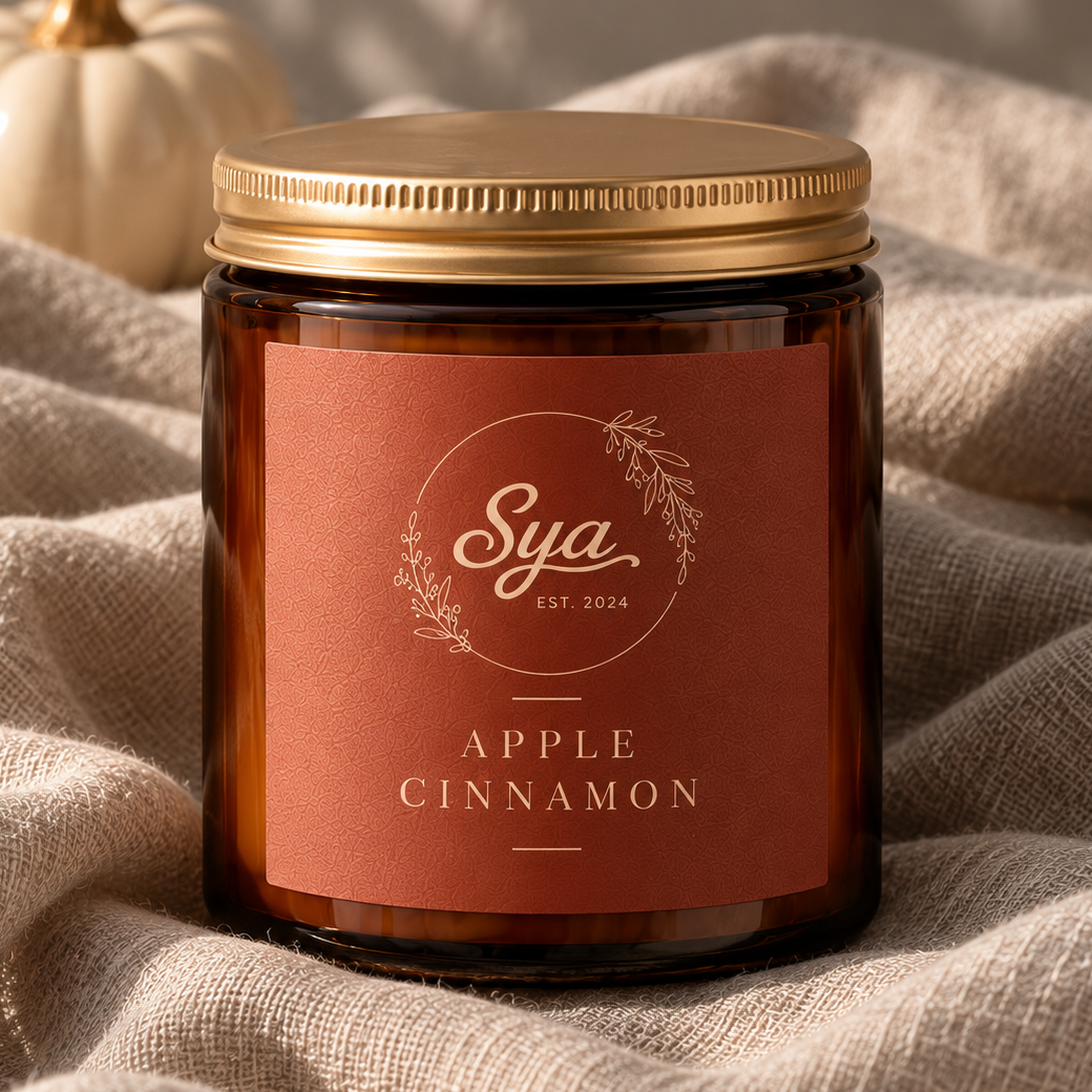 Apple Cinnamon candle in an amber glass jar with a gold lid, resting on beige fabric.