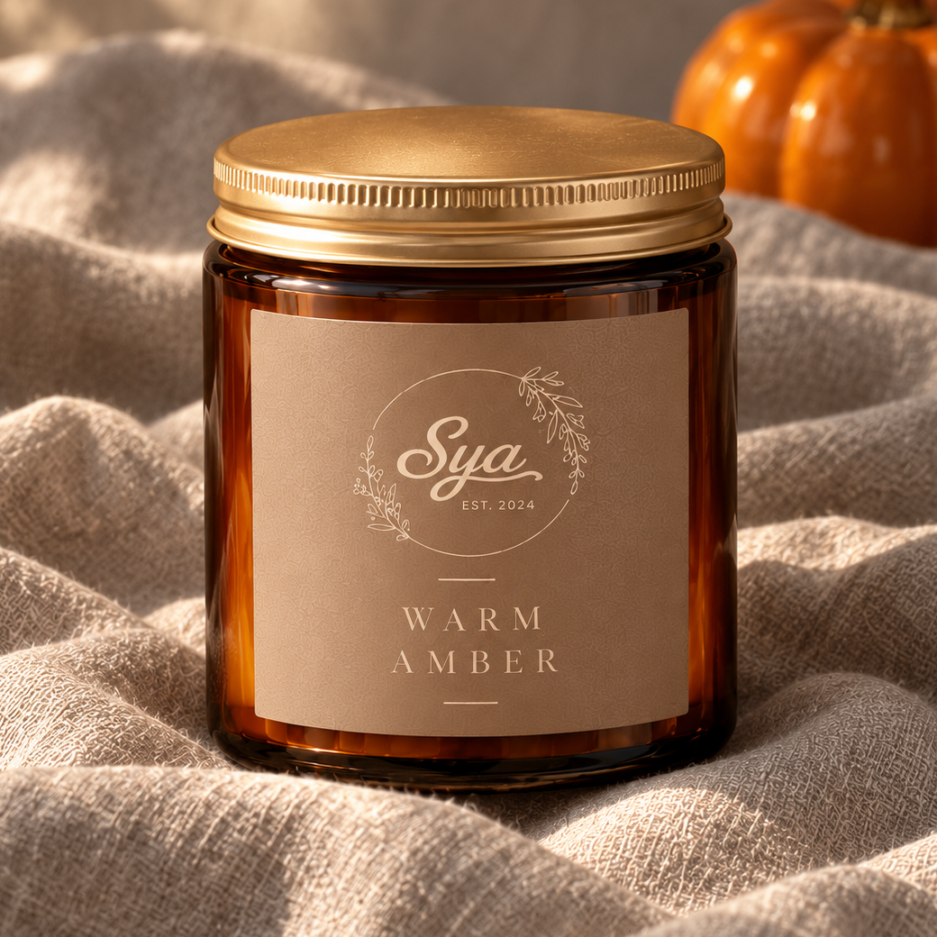 Warm Amber candle in an amber glass jar with a gold lid, resting on beige fabric.