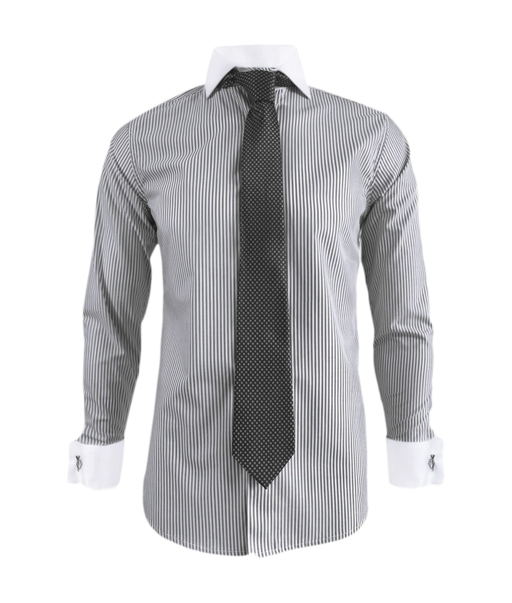 Camisa formal gris con rayas cuello y puños blancos slim fit para hombre XS a 10XL