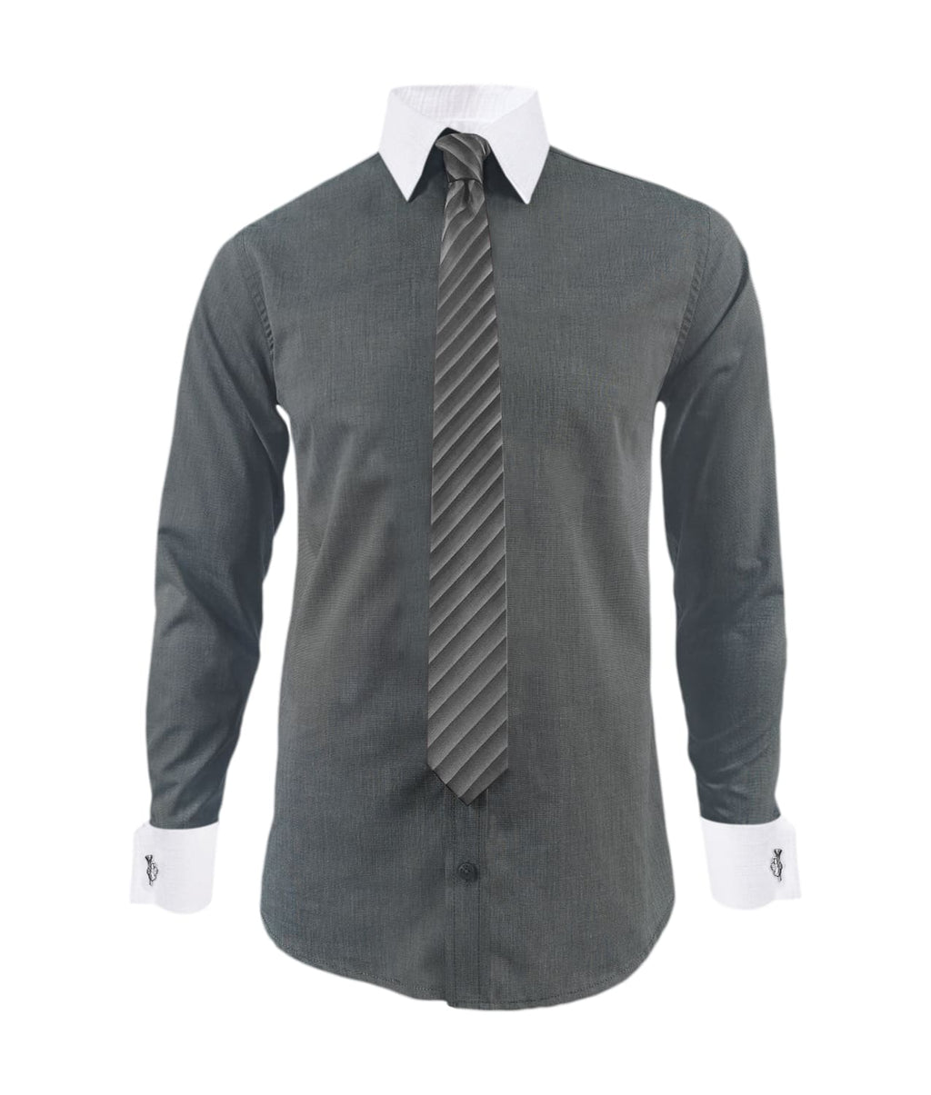 Camisa formal gris cuello y puños mancorna blancos hombre XS a 10XL