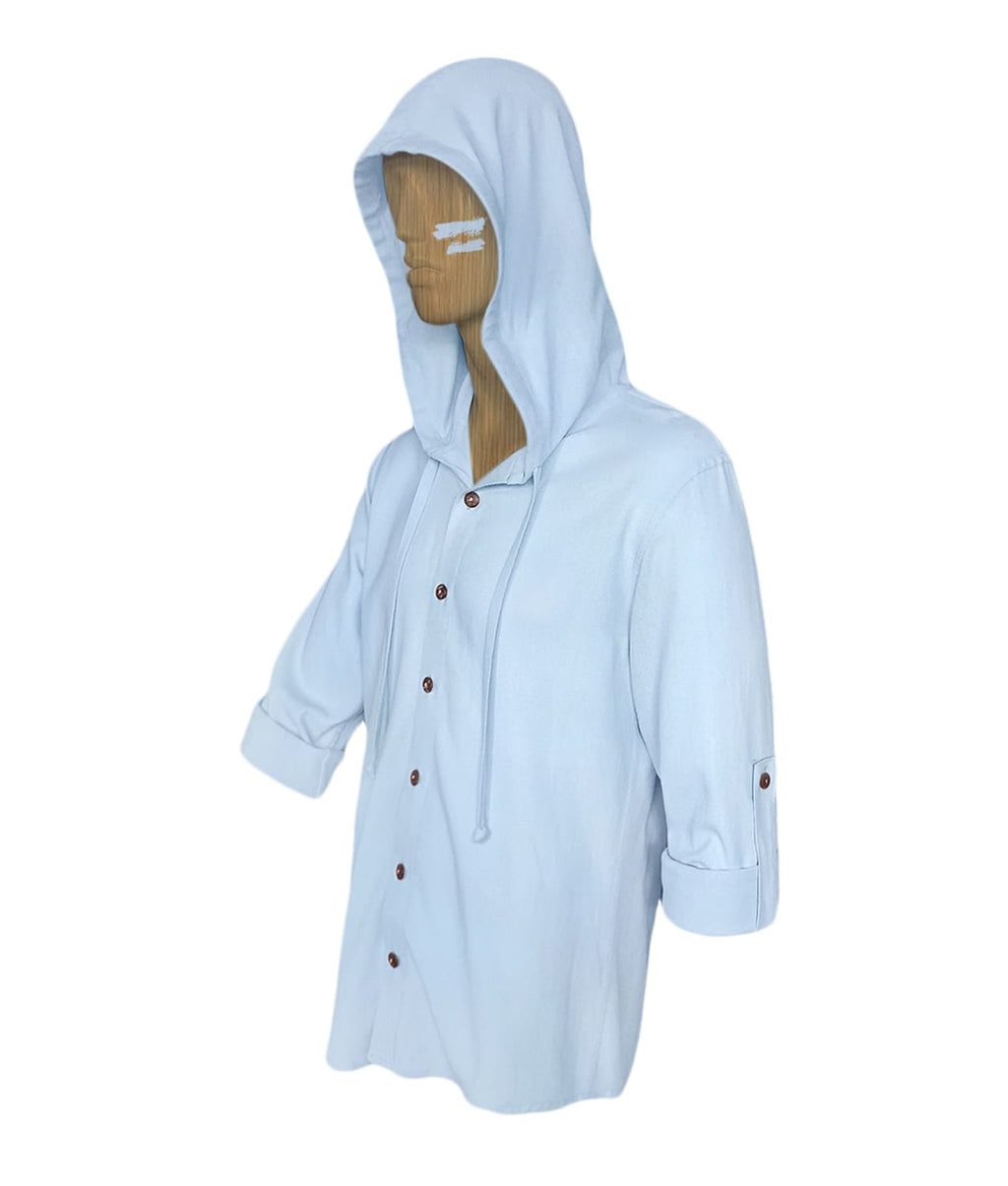 Camisa azul con capota amplia en 100% lino trabilla en manga larga hombre XS a 10XL