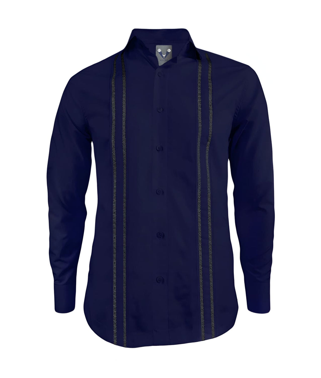 Camisa guayabera en algodón azul oscuro sin bolsillos bordada manga larga XS a 10XL