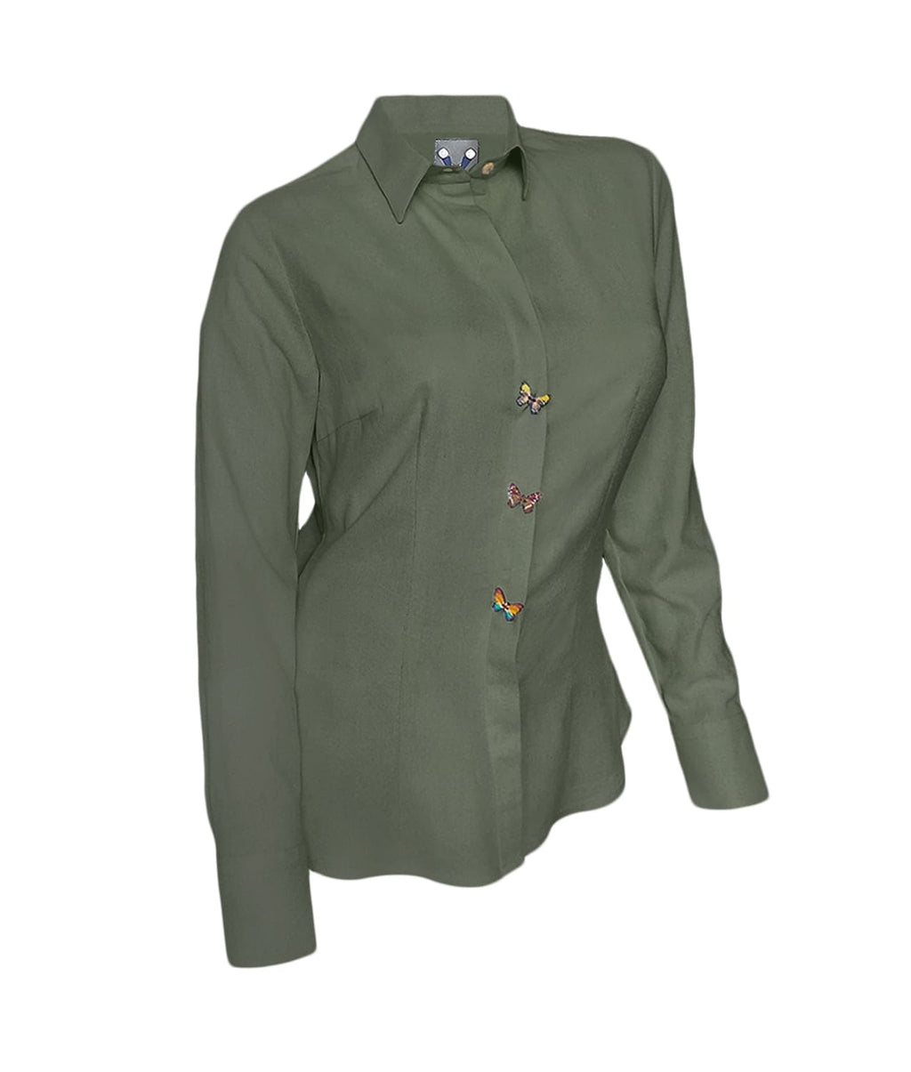 Camisa blusa verde hoja en 100% lino con botonadura escondida manga larga mujer XS a 10XL