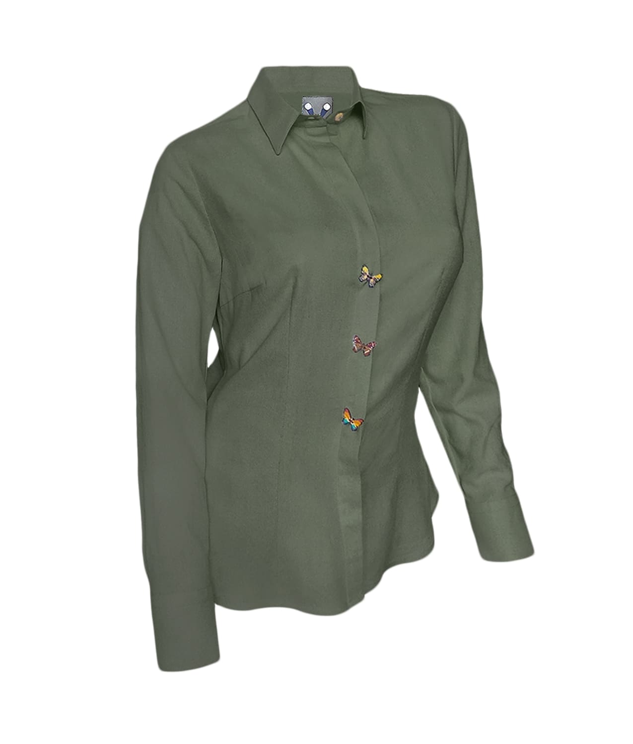 Camisa blusa verde hoja en 100% lino con botonadura escondida manga larga mujer XS a 10XL