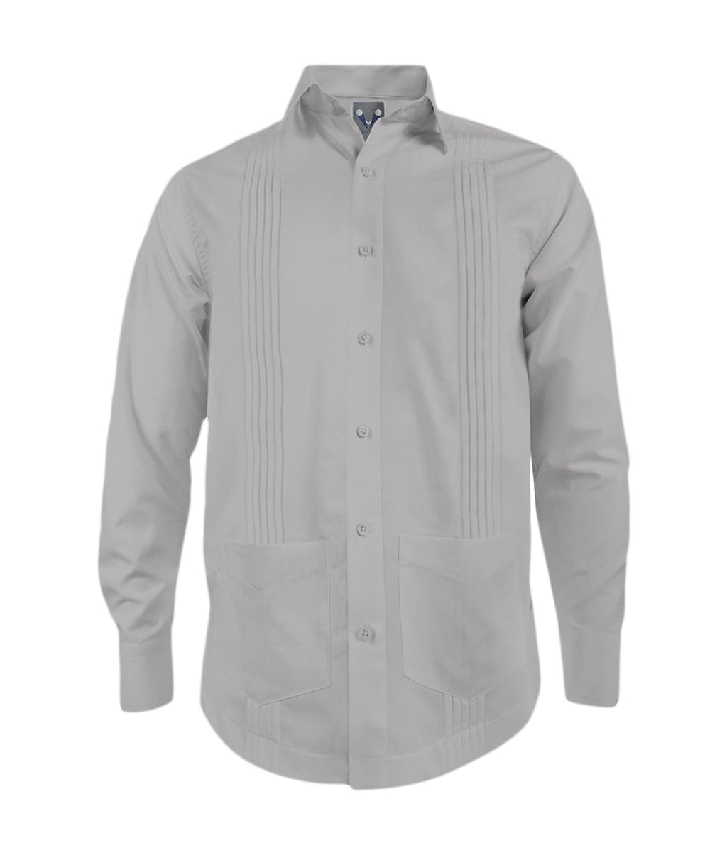 Guayabera alforzas gris claro con 2 bolsillos manga larga hombre XS a 10XL