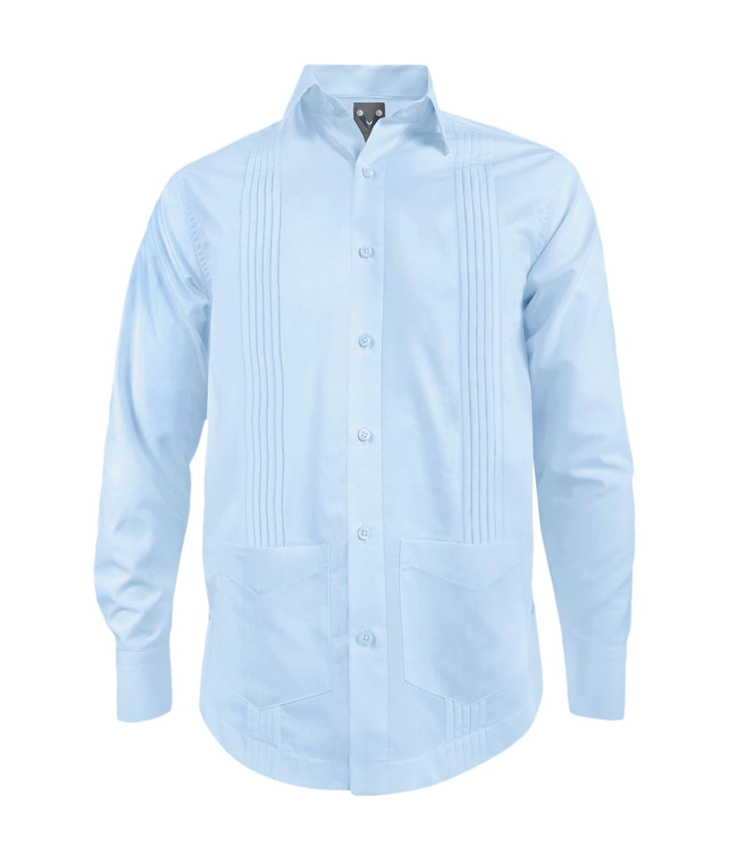 Guayabera alforzas azul claro con 2 bolsillos manga larga hombre XS a 10XL