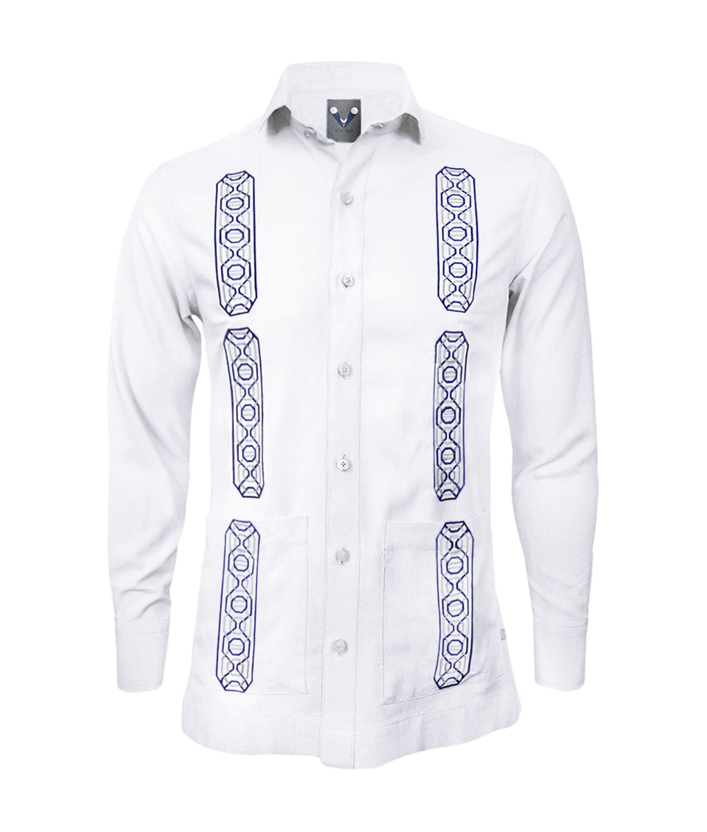 Camisa guayabera lino blanco con bolsillos bordada manga larga XS a 10XL