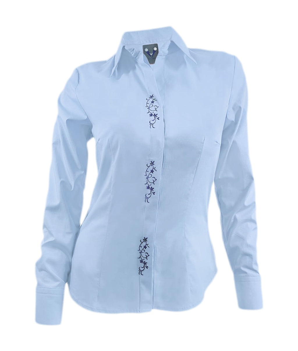 Camisa blusa azul claro bordada en algodón manga larga mujer XS a 10XL