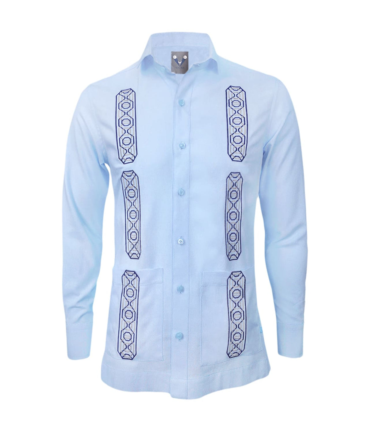 Camisa guayabera lino azul con bolsillos bordada manga larga XS a 10XL