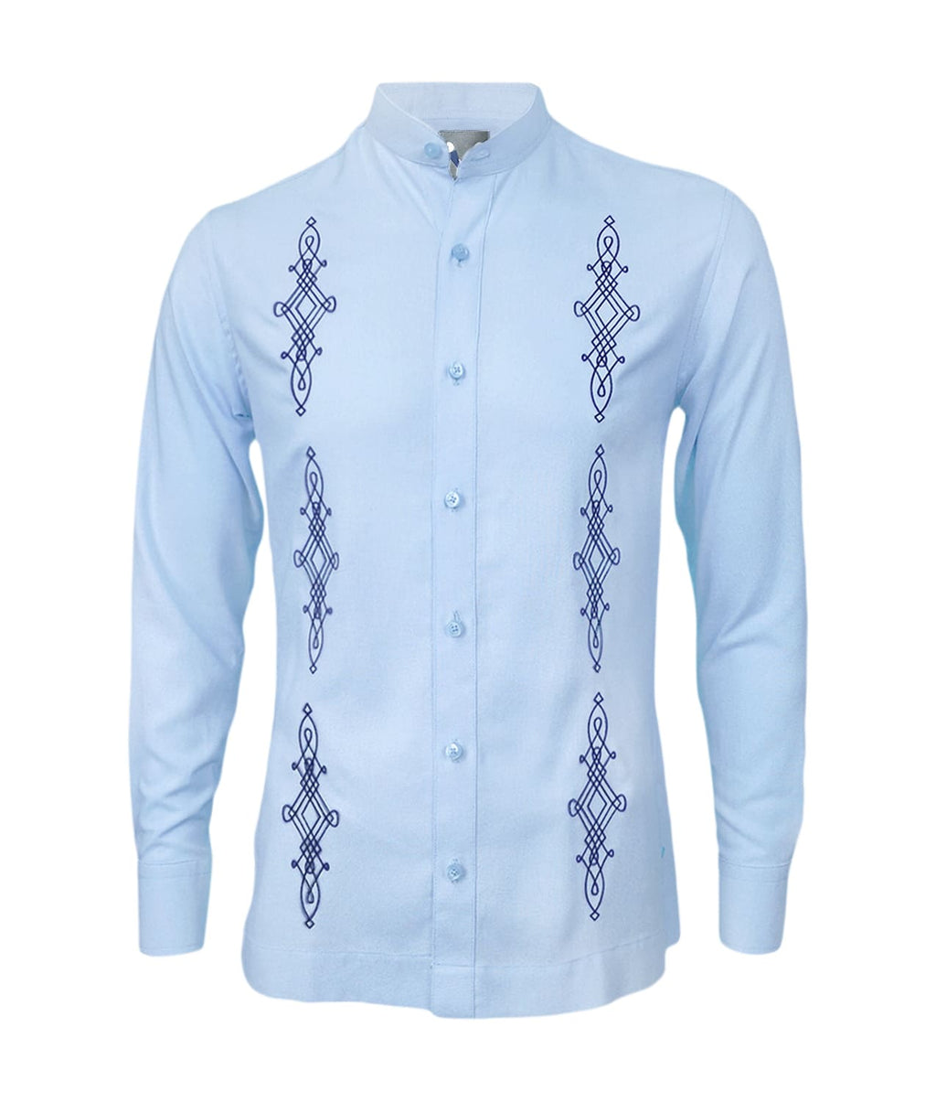 Camisa guayabera lino azul claro bordada manga larga hombre XS a 10XL