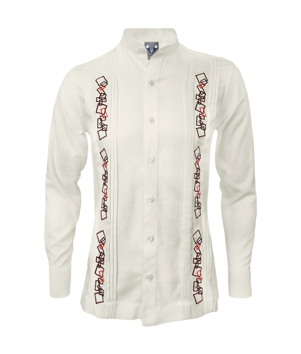 Camisa guayabera lino marfil alforzas bordada manga larga XS a 10XL