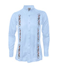 Camisa guayabera lino azul claro con alforzas bordada manga larga XS a 10XL