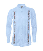 Camisa guayabera lino azul claro con alforzas bordada manga larga XS a 10XL