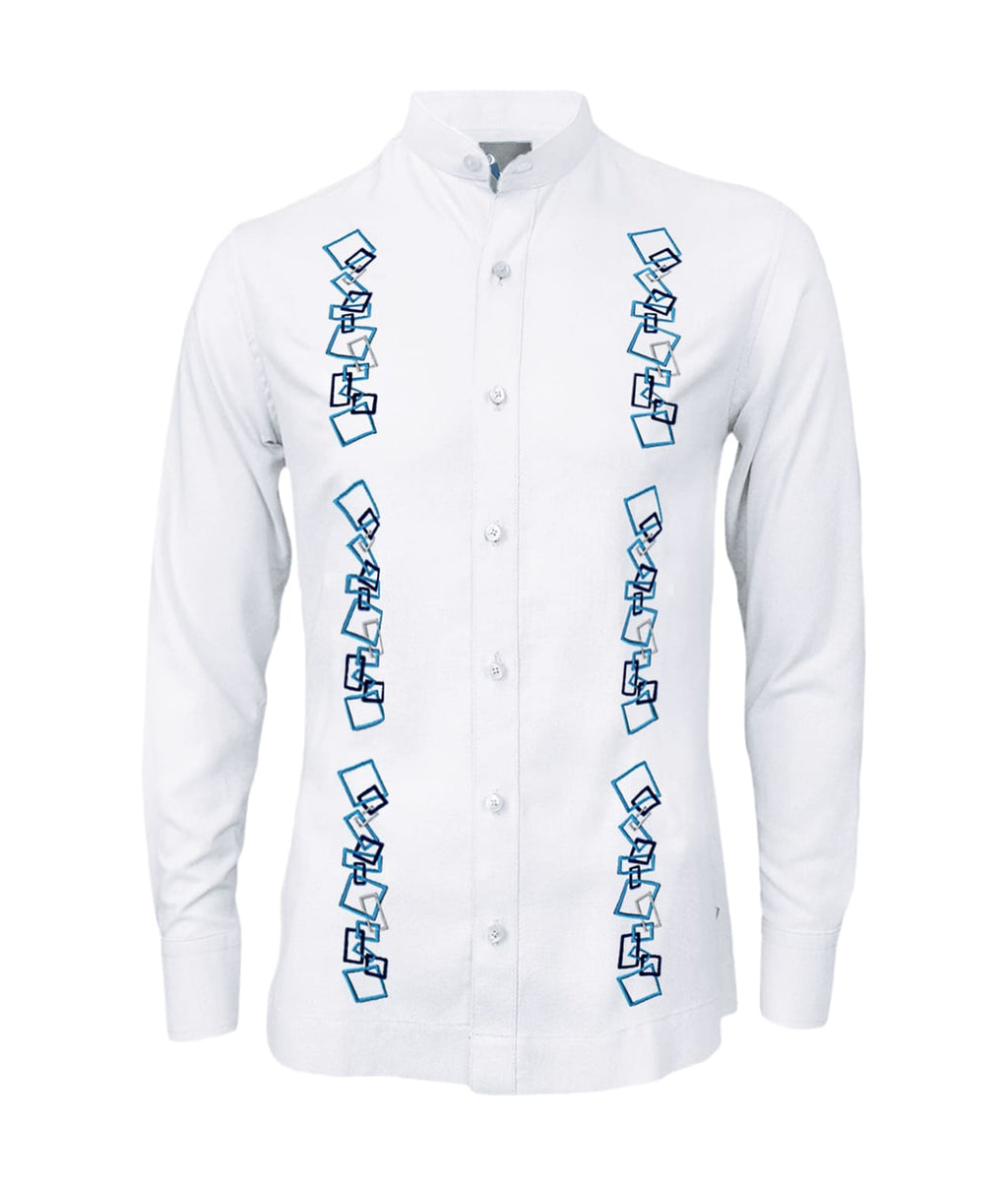 Camisa guayabera lino blanco con bordado azul manga larga XS a 10XL