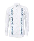 Camisa guayabera lino blanco con bordado azul manga larga XS a 10XL