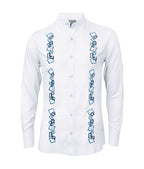 Camisa guayabera lino blanco con bordado azul manga larga XS a 10XL