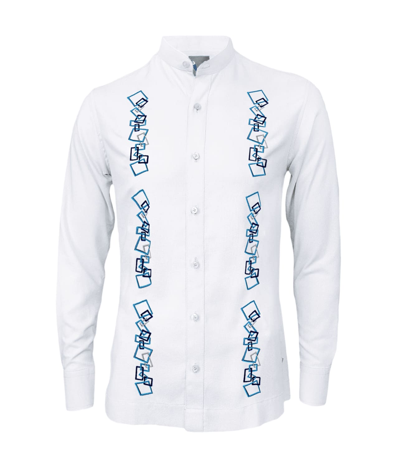 Camisa guayabera lino blanco con bordado azul manga larga XS a 10XL