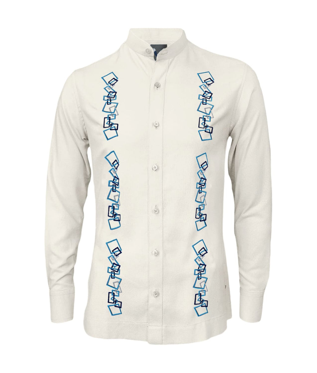 Camisa guayabera lino marfil con bordado azul manga larga XS a 10XL