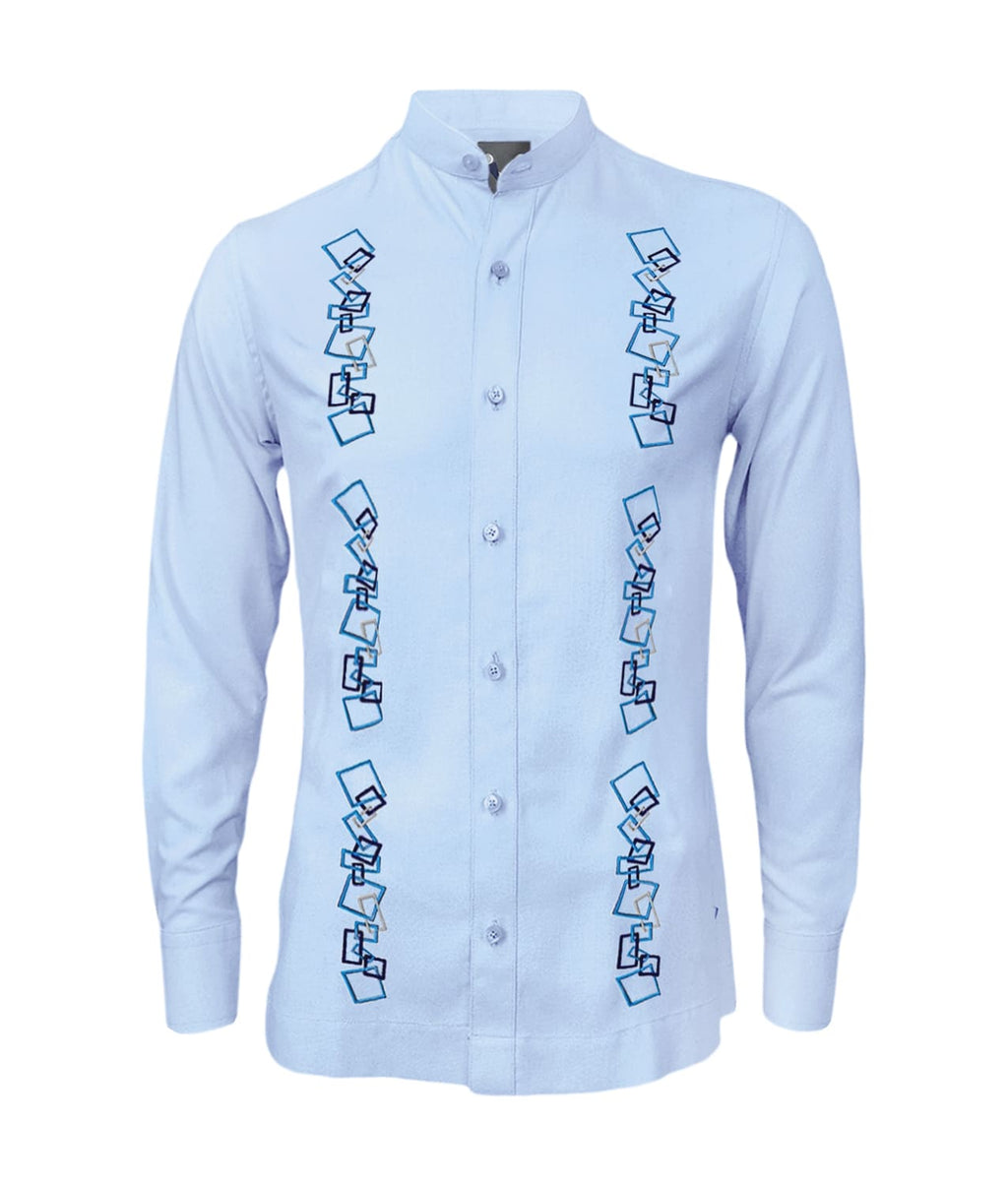 Camisa guayabera lino azul claro con bordado azul manga larga XS a 10XL
