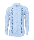Camisa guayabera lino azul claro con bordado azul manga larga XS a 10XL