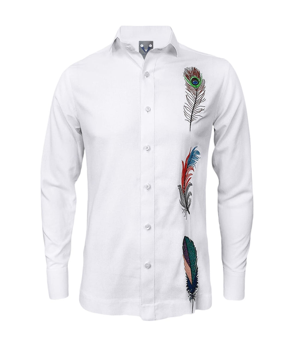 Camisa guayabera lino blanco bordada plumas manga larga para hombre XS a 10XL