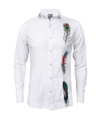 Camisa guayabera lino blanco bordada plumas manga larga para hombre XS a 10XL