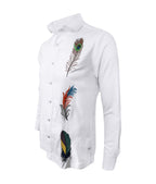 Camisa guayabera lino blanco bordada plumas manga larga para hombre XS a 10XL