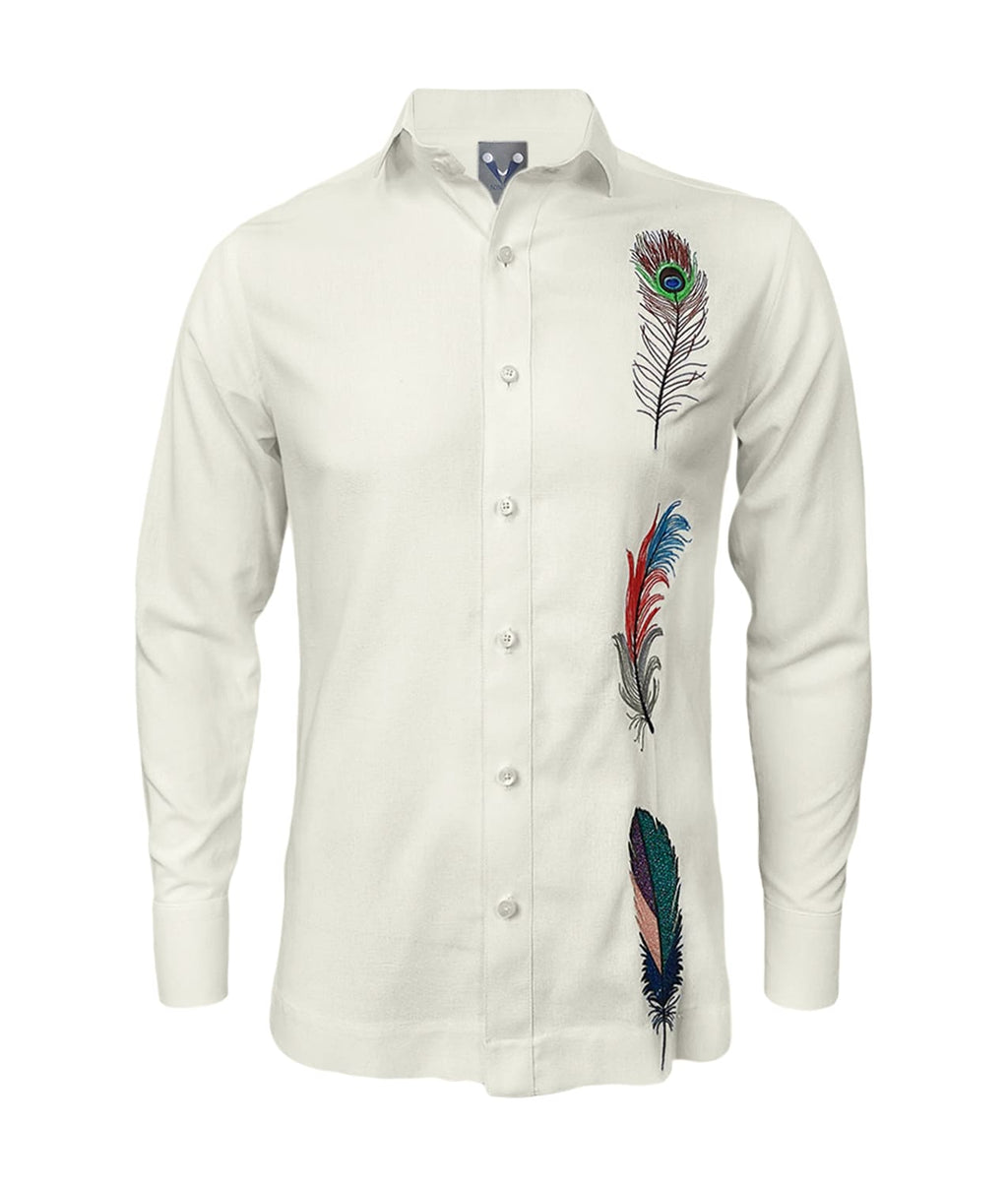 Camisa guayabera lino marfil bordada plumas manga larga XS a 10XL