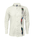 Camisa guayabera lino marfil bordada plumas manga larga XS a 10XL