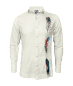 Camisa guayabera lino marfil bordada plumas manga larga XS a 10XL