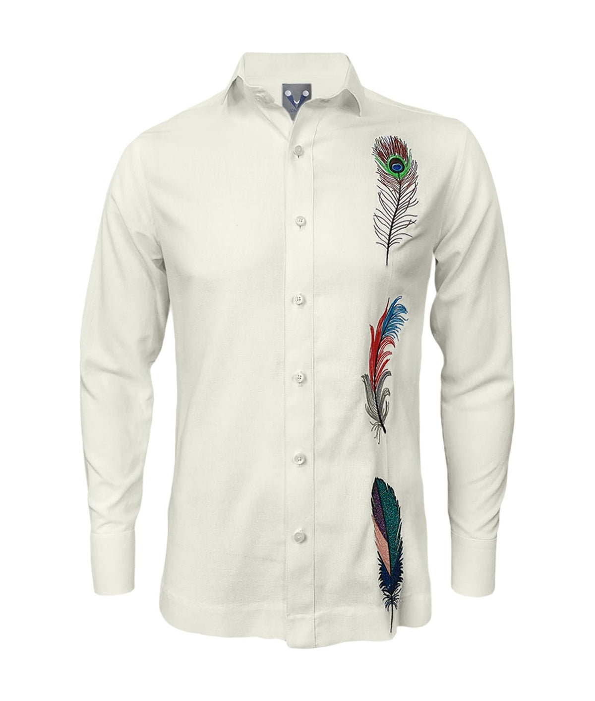 Camisa guayabera lino marfil bordada plumas manga larga XS a 10XL