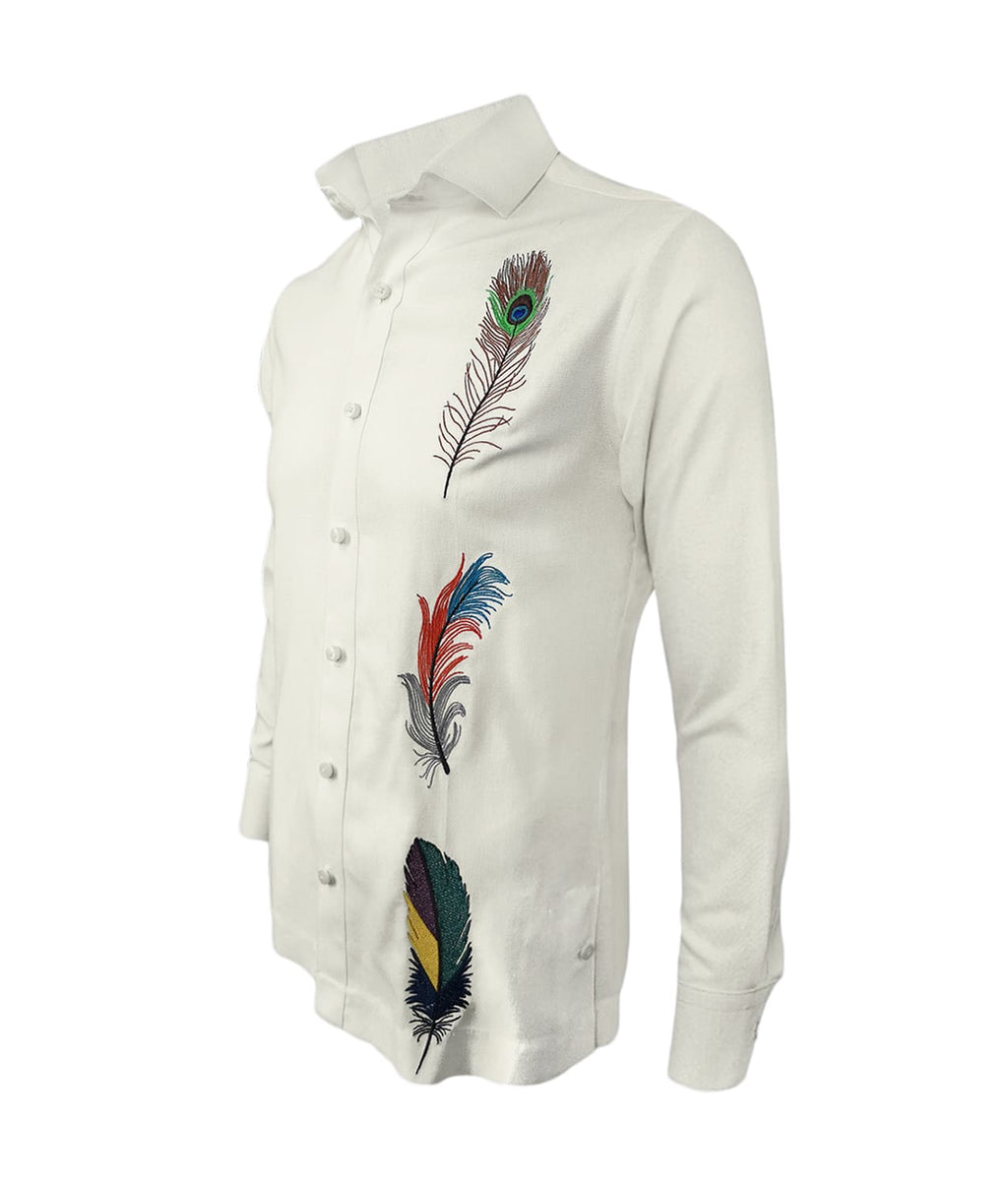 Camisa guayabera lino marfil bordada plumas manga larga XS a 10XL