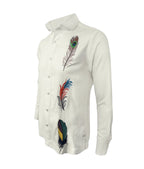 Camisa guayabera lino marfil bordada plumas manga larga XS a 10XL