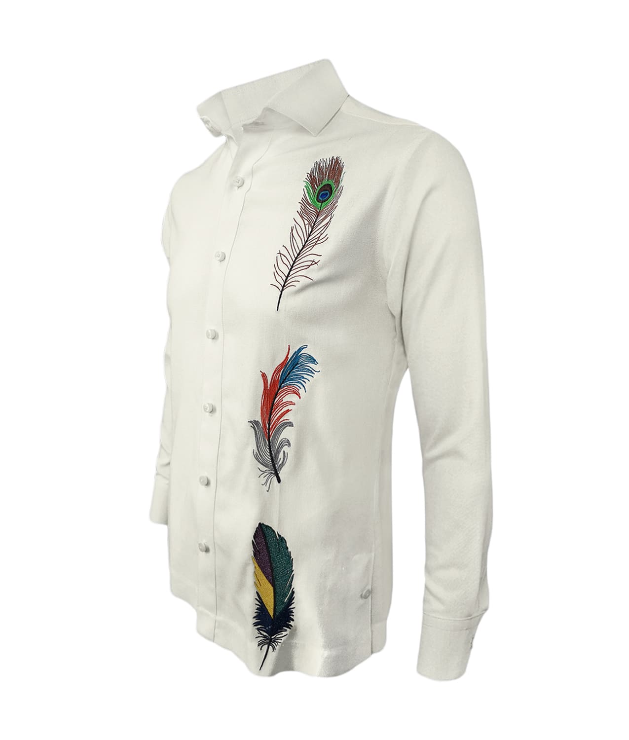Camisa guayabera lino marfil bordada plumas manga larga XS a 10XL