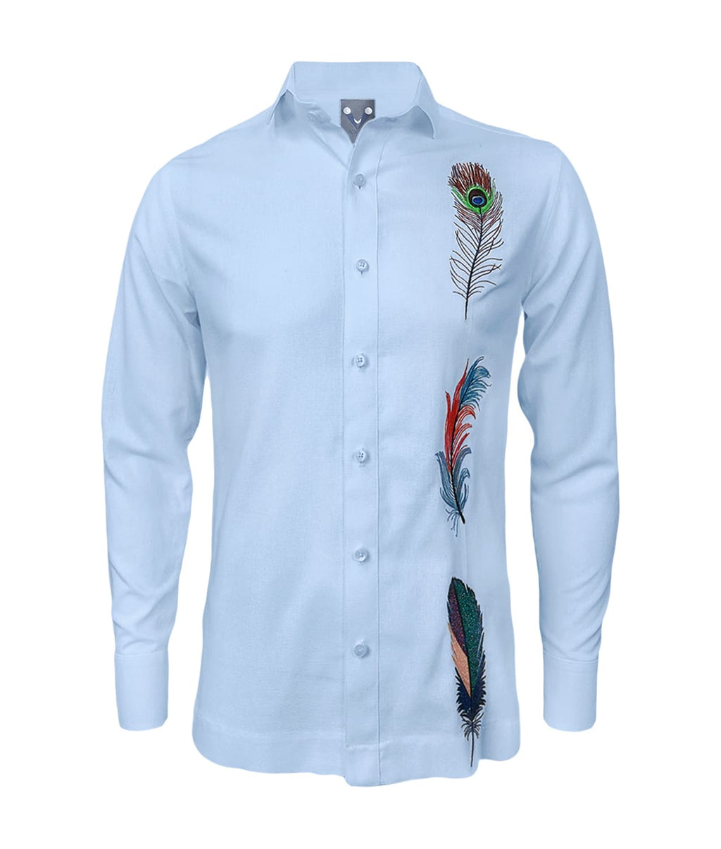 Camisa guayabera lino azul claro bordada plumas manga larga XS a 10XL