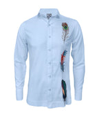 Camisa guayabera lino azul claro bordada plumas manga larga XS a 10XL