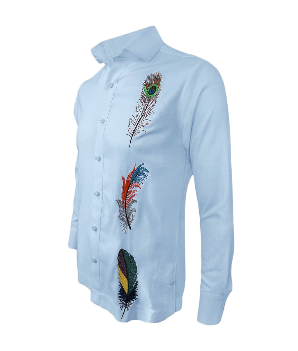 Camisa guayabera lino azul claro bordada plumas manga larga XS a 10XL