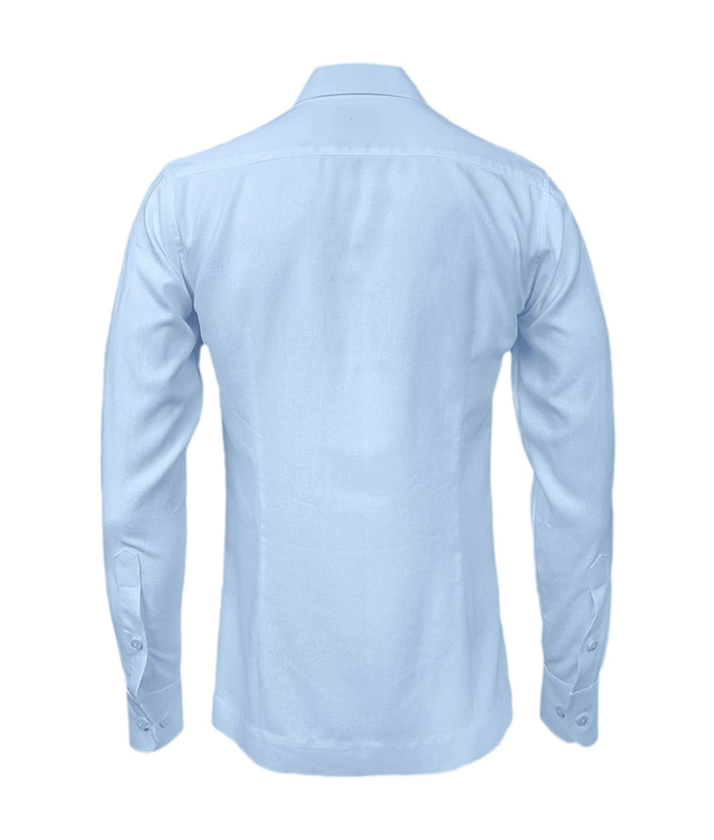 Camisa guayabera lino azul claro bordada plumas manga larga XS a 10XL