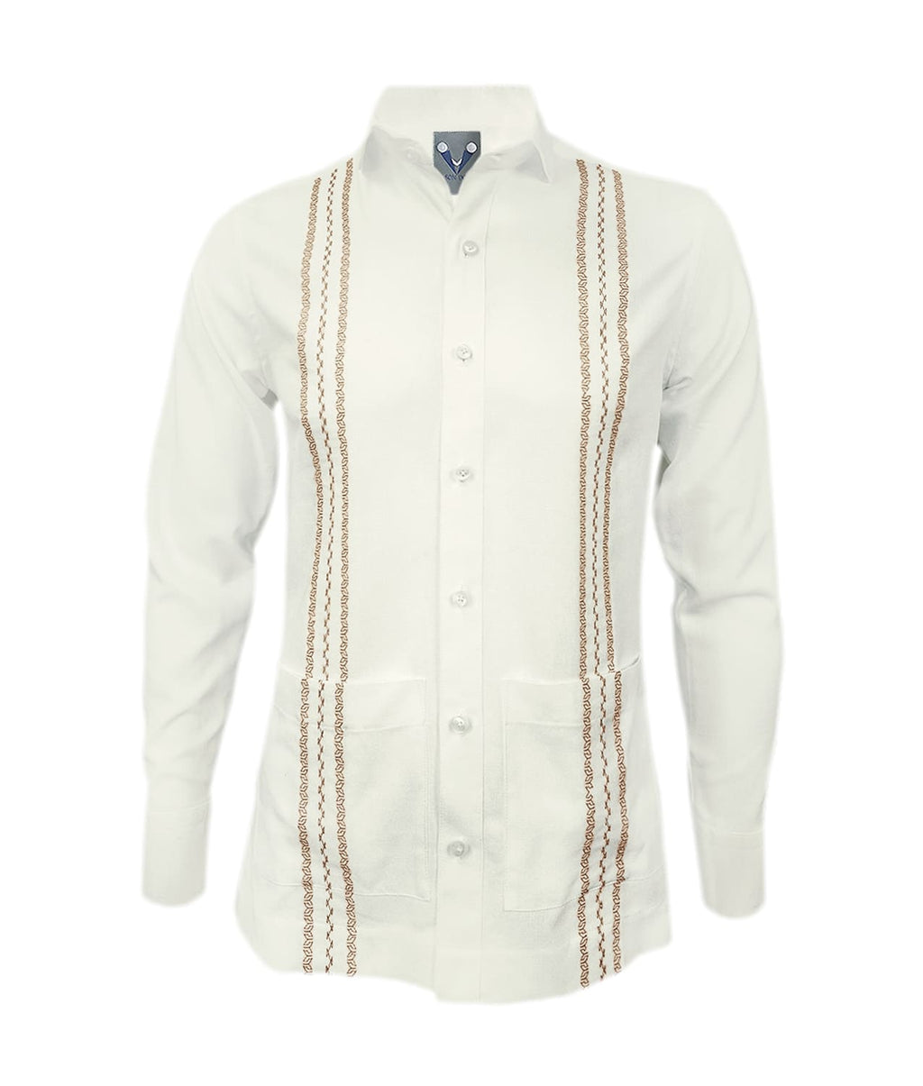 Camisa guayabera lino marfil con bolsillos bordada manga larga XS a 10XL