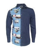 Camisa en denim con estampado manga larga slim para hombre XS a 10XL