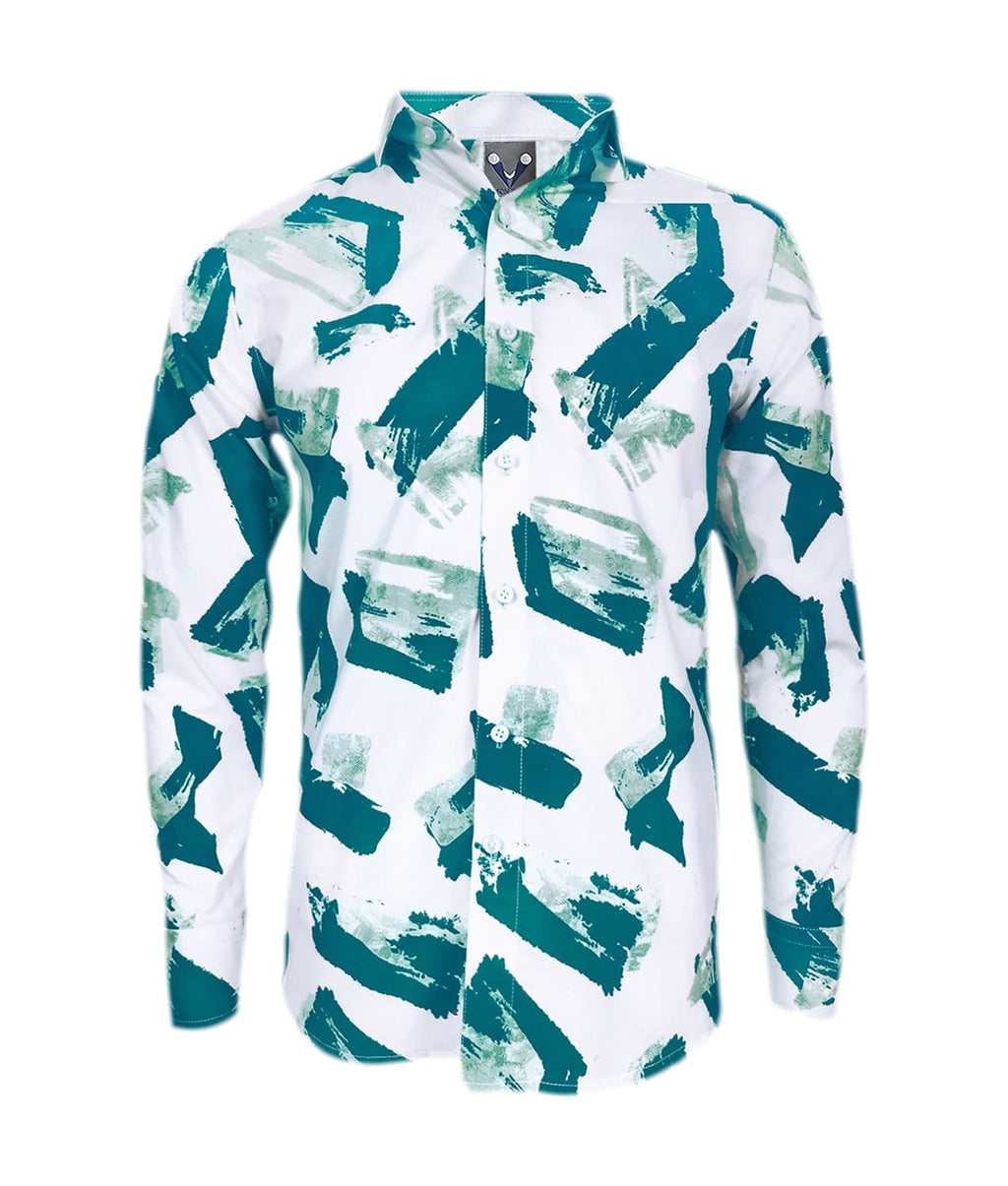 Camisa blanca estampada tonos verdes manga larga slim hombre XS a 10XL