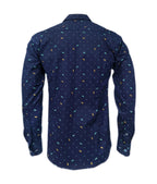 Camisa azul oscura con mini prints manga larga slim hombre XS a 10XL