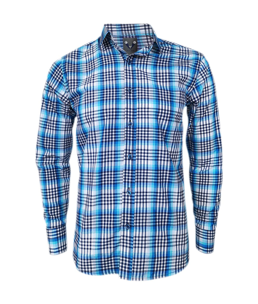 Camisa a cuadros tonos azules manga larga slim para hombre XS a 10XL