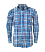 Camisa a cuadros tonos azules manga larga slim para hombre XS a 10XL