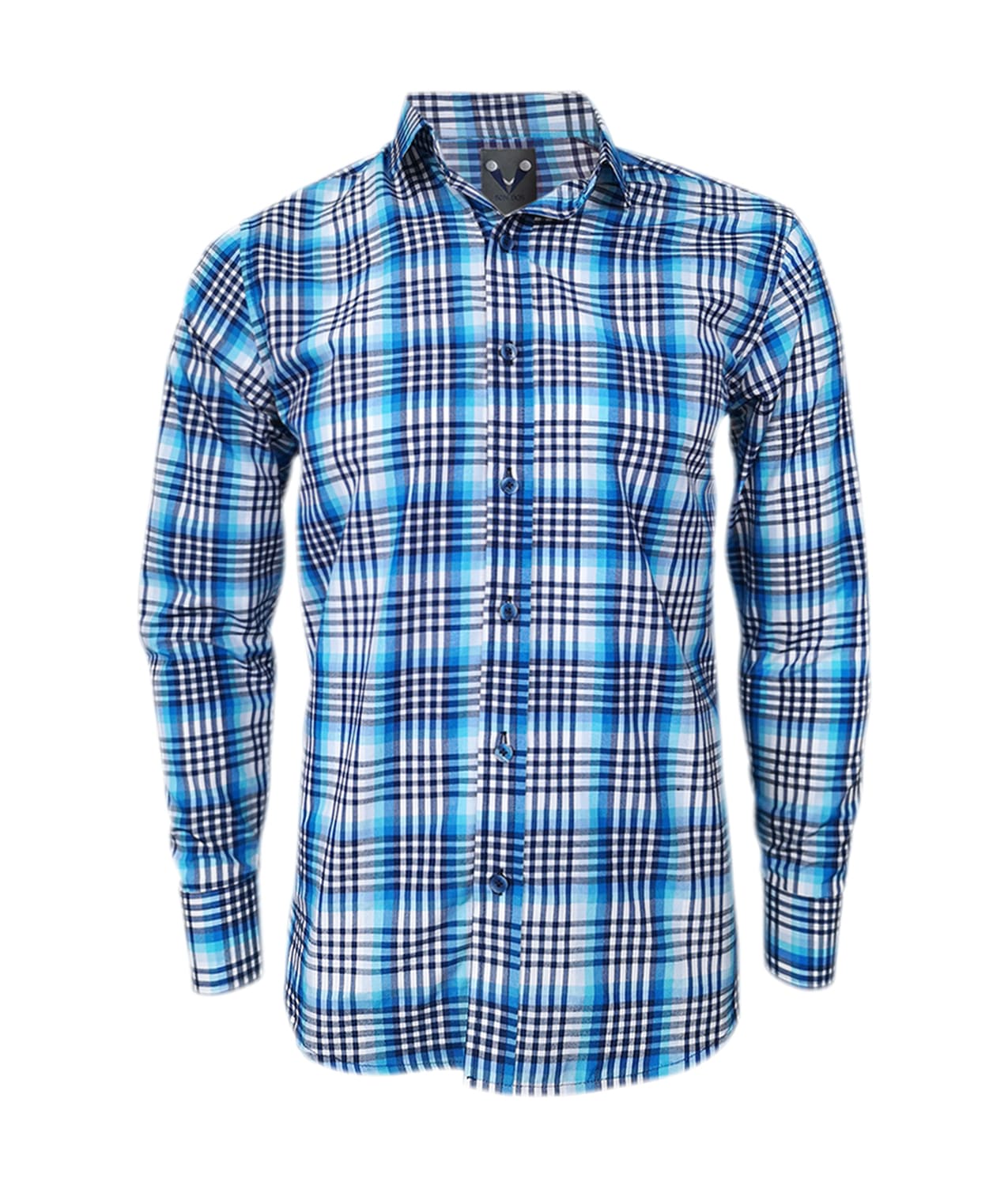 Camisa a cuadros tonos azules manga larga slim para hombre XS a 10XL