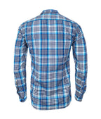 Camisa a cuadros tonos azules manga larga slim para hombre XS a 10XL