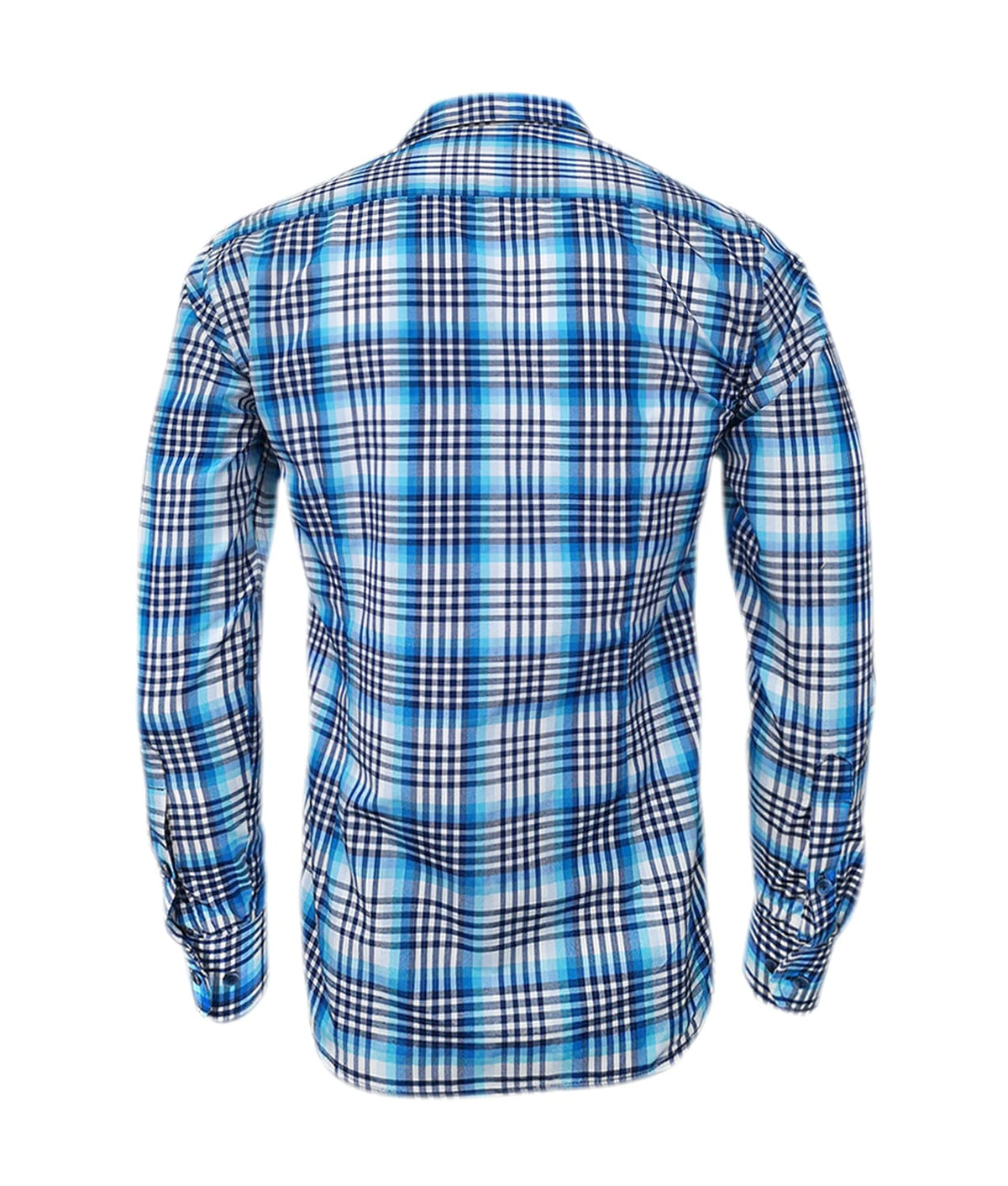 Camisa a cuadros tonos azules manga larga slim para hombre XS a 10XL