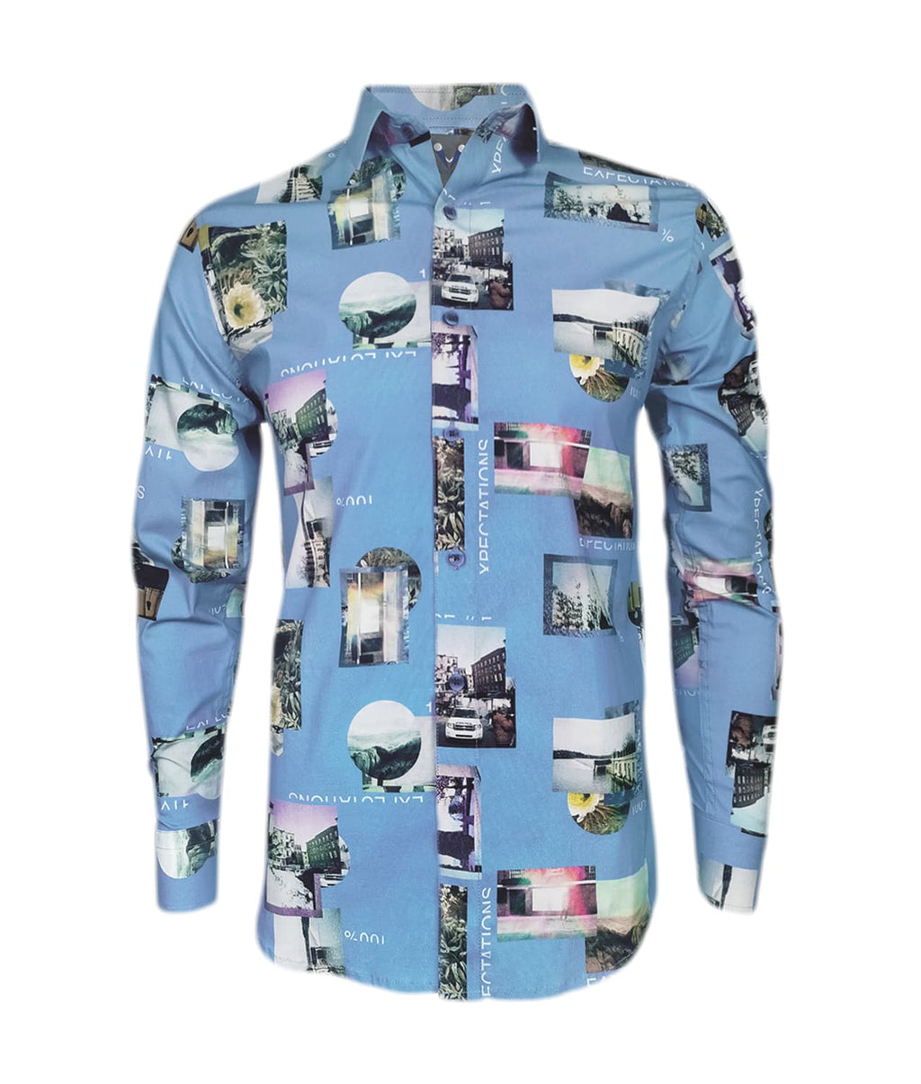 Camisa azul claro stretch estampada manga larga slim hombre XS a 10XL