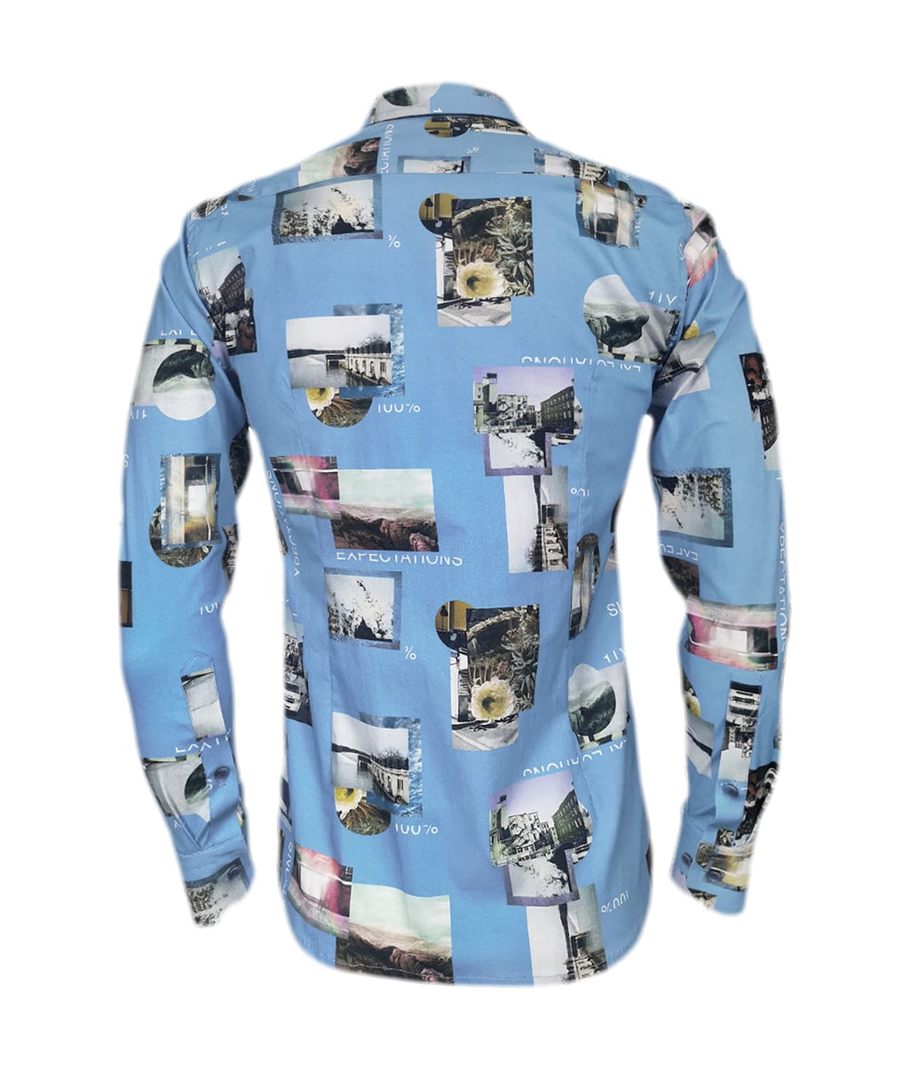Camisa azul claro stretch estampada manga larga slim hombre XS a 10XL