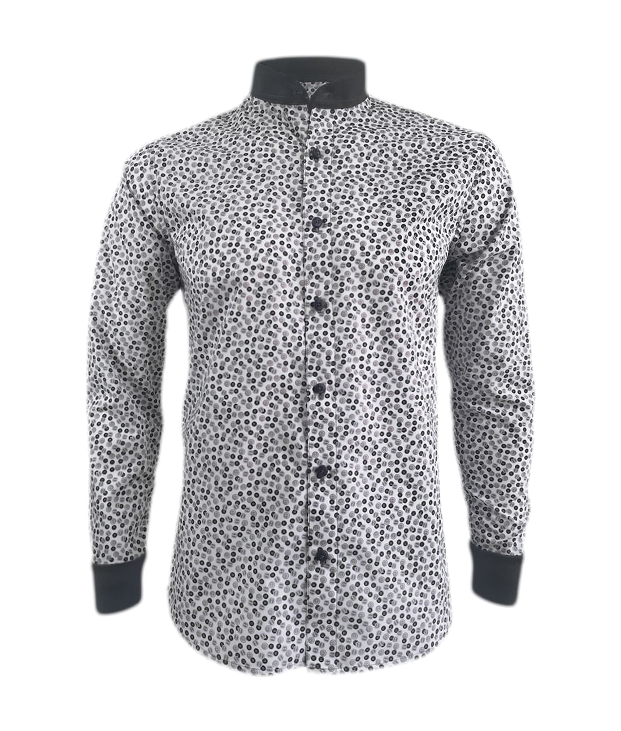 Camisa gris mini prints cuello neru manga larga slim hombre XS a 10XL